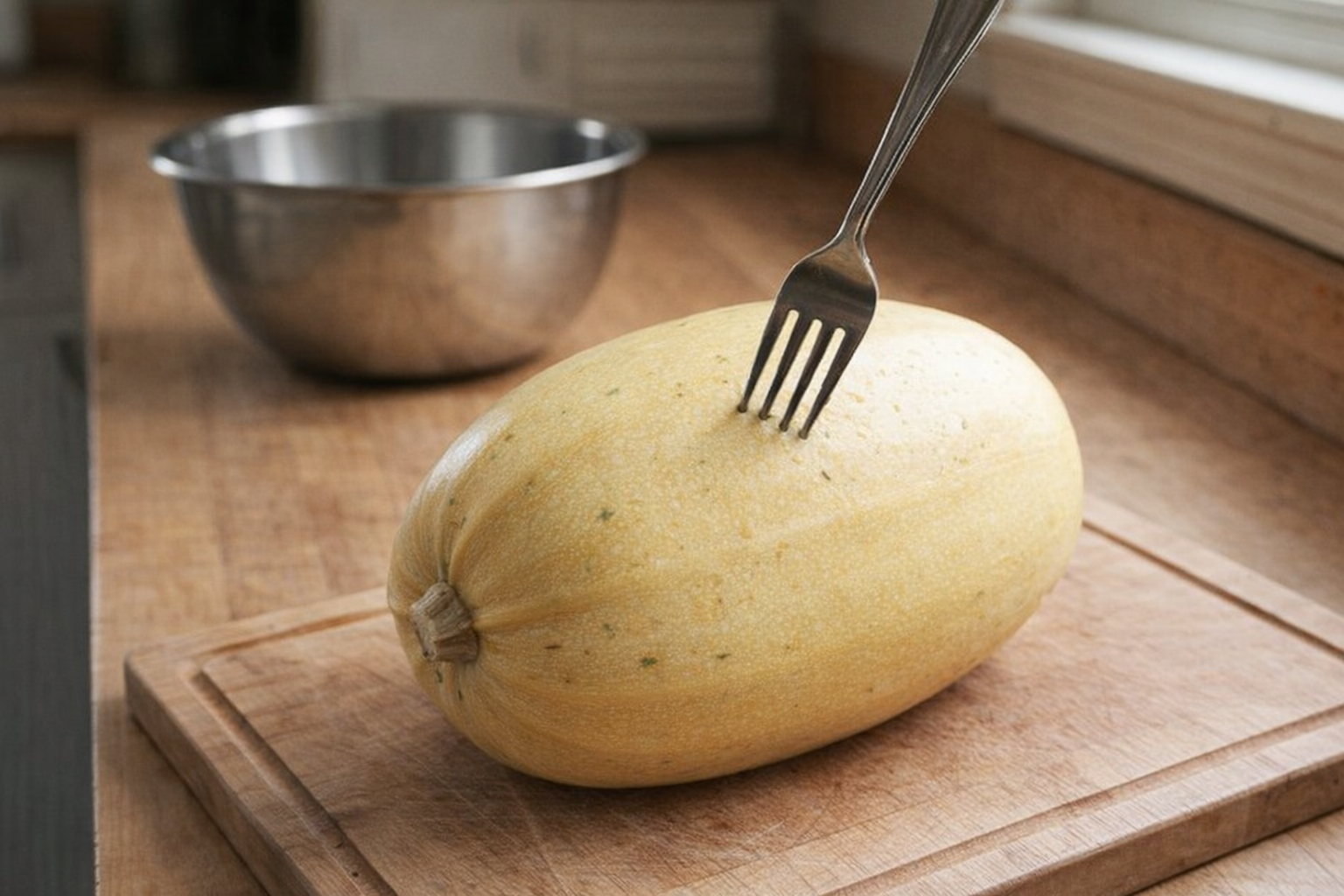 A raw spaghetti squash on a wooden cutting board, a fork piercing the skin, with a stainless steel bowl in the background
